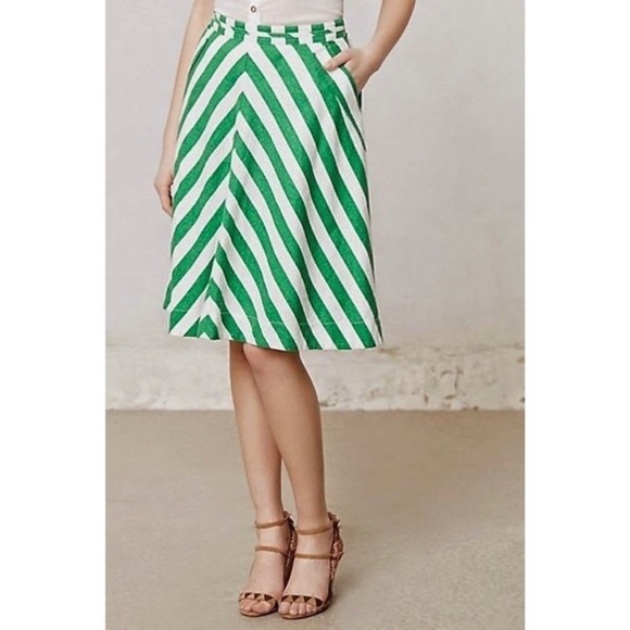 Anthropologie Dresses & Skirts - Anthropologie Easley Linen Blend Knee Length Chevron Skirt Green White Size 4